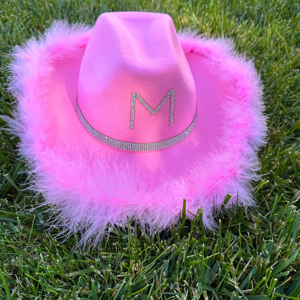 Pink Cowboy/Cowgirl Hat with Feather BOA and Rhinestone Band-Custom Letter